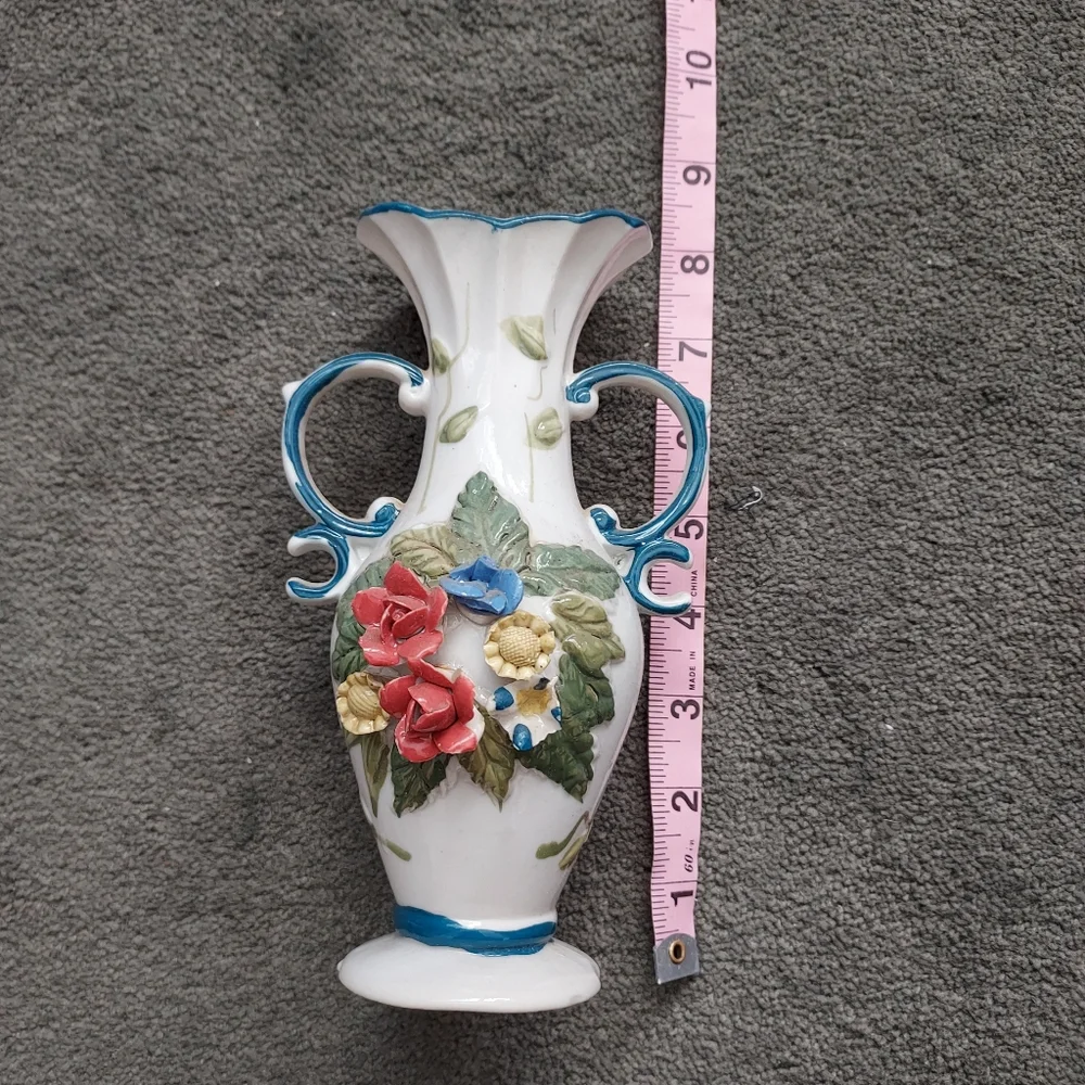 Victorian Style Floral Ceramic Vase with Blue Accents Grandmacore Cottagecore